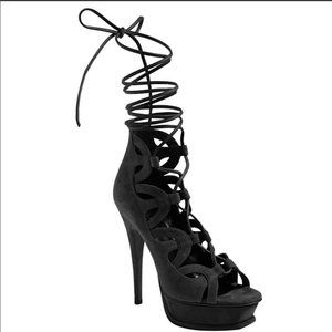 Saint Laurent Black Tribute Ghillie Suede Lace Up Sandals Heels Size 36